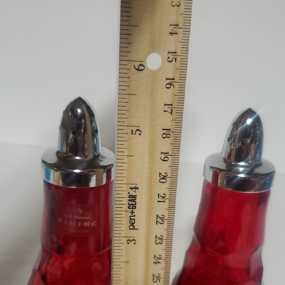 Ruby Red Viking Glass Salt and Pepper Shakers with Silver Tops - Picture 3 of 3